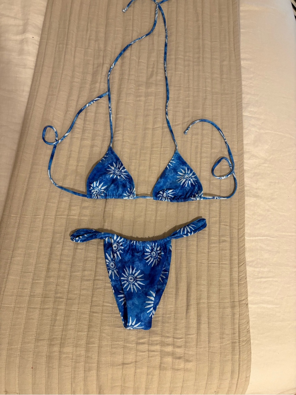 Loleia Blue Floral Tie-String Triangle Bikini Top and Bottom Set